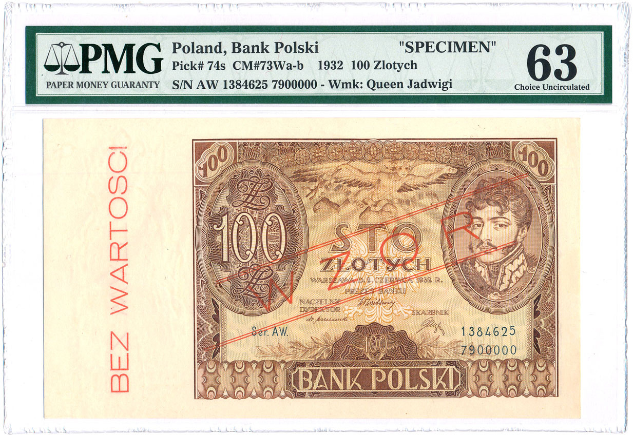 WZÓR 100 złotych 1932 Kościuszko seria AW PMG 63 - IDEALNY - NIENOTOWANA SERIA